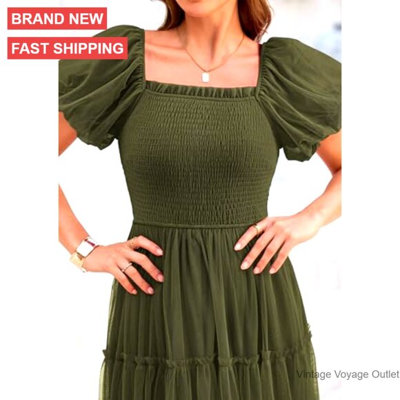 Women's Smocked Midi Tulle Dress Puff Sleeves Square Neck Tiered Ruffle - Picture 5 of 6